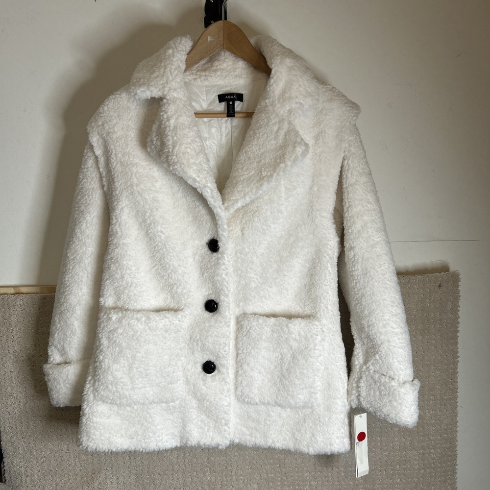 AQUA Ladies Ivory Sherpa Button Up Jacket, Size XS